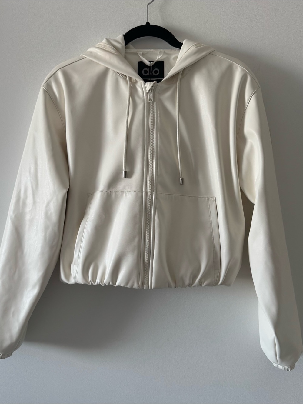 Alo Yoga off-white cream ivory faux leather zip up hoodie sz small pockets hood